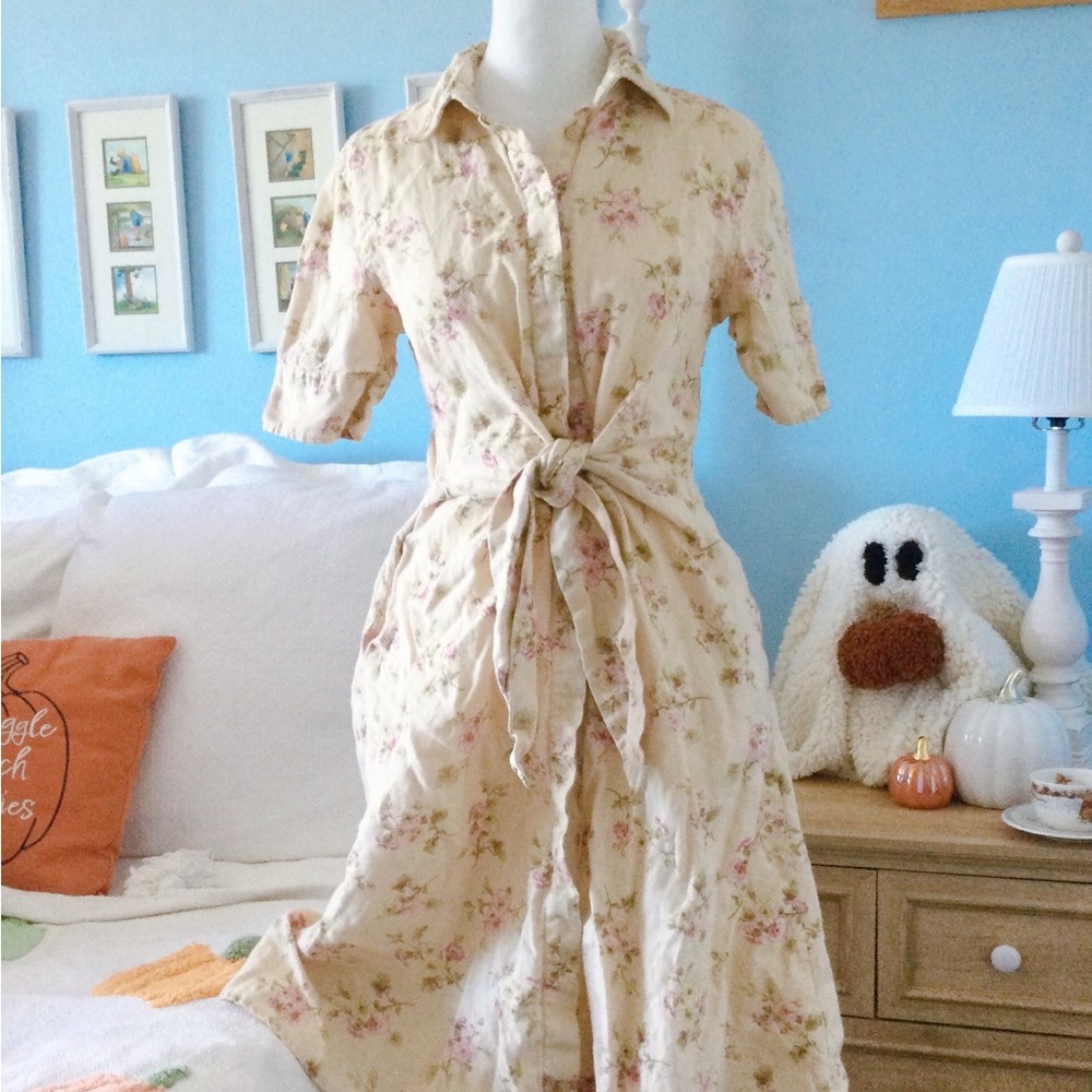 Ralph Lauren collar Cream Floral Tie-Waist Midi Dress linen